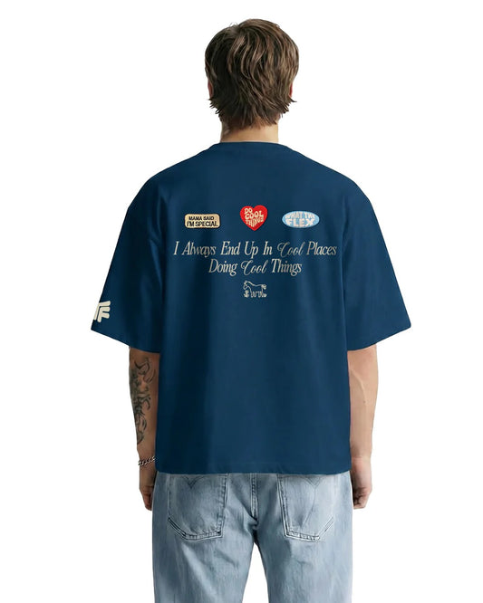Premium Oversized Navy Blue Graphic T-Shirt for Men | Cotton Drop Shoulder Streetwear Tee