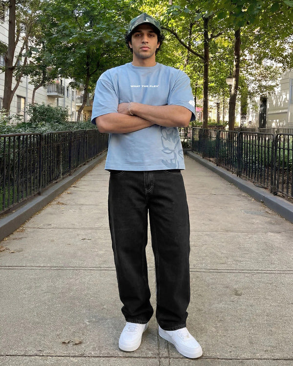 Premium Oversized Sky Blue Graphic T-Shirt for Men | Streetwear Cotton Drop Shoulder Tee