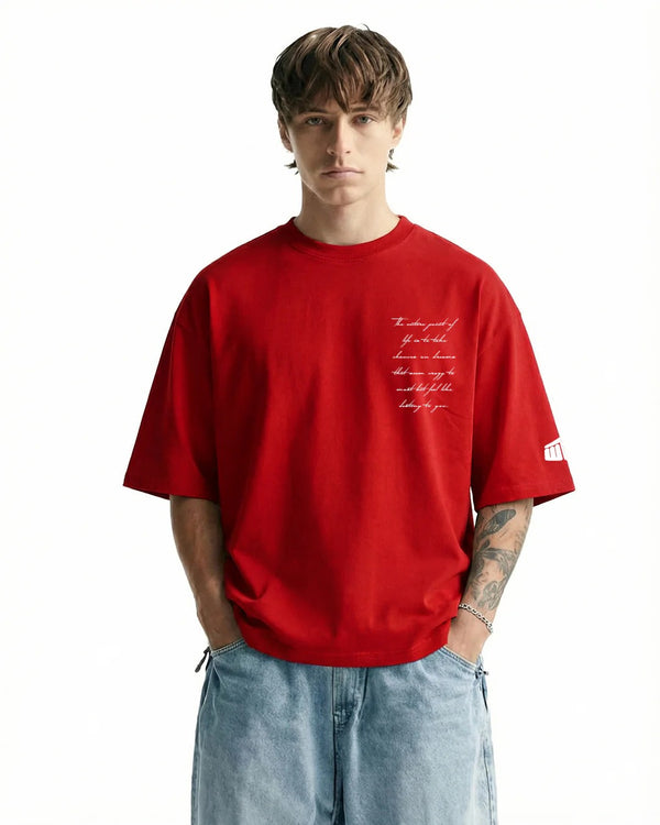 Premium Oversized Red Graphic T-Shirt for Men | Cotton Drop Shoulder Streetwear Tee